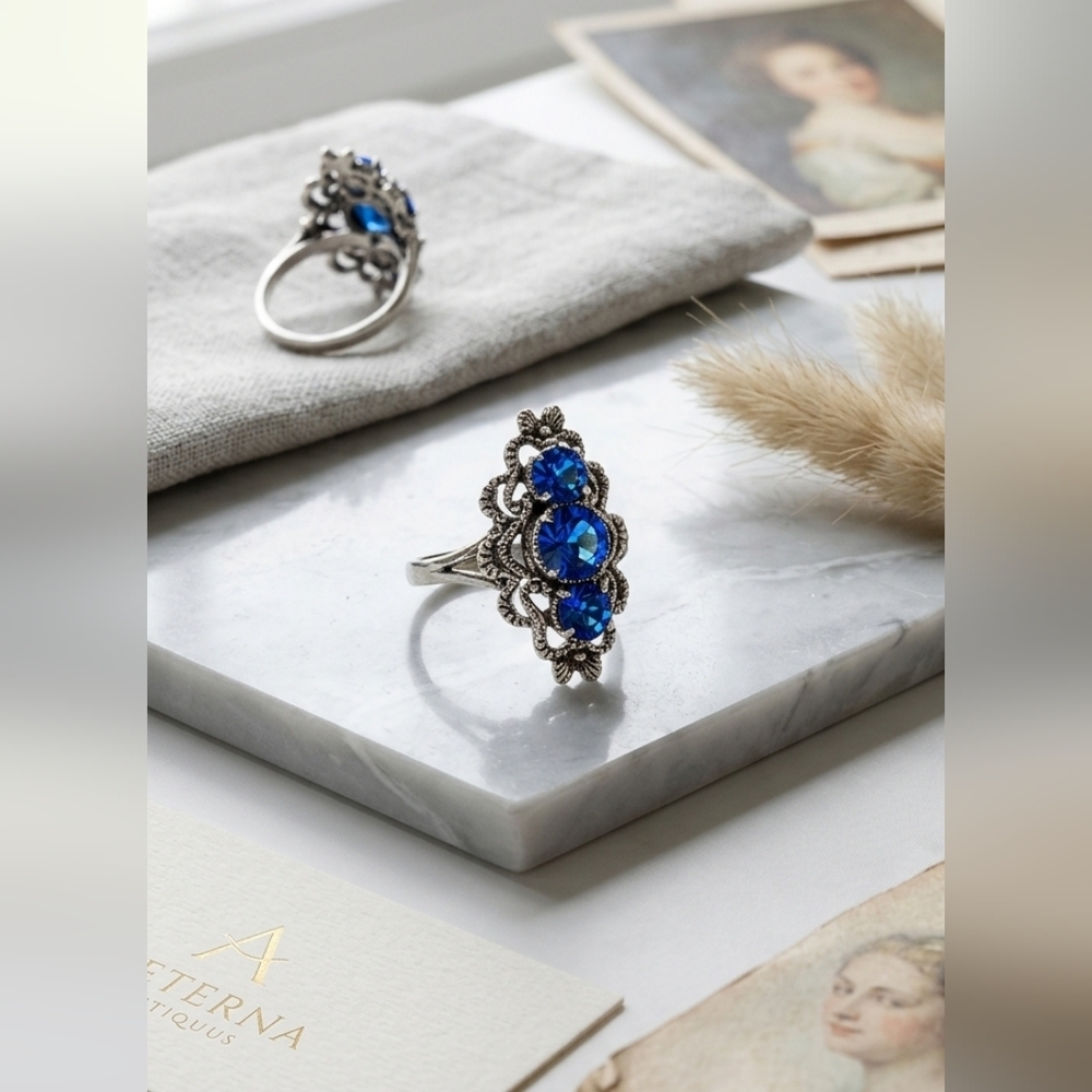 Vintage-Style Sapphire Blue Filigree Statement Ring